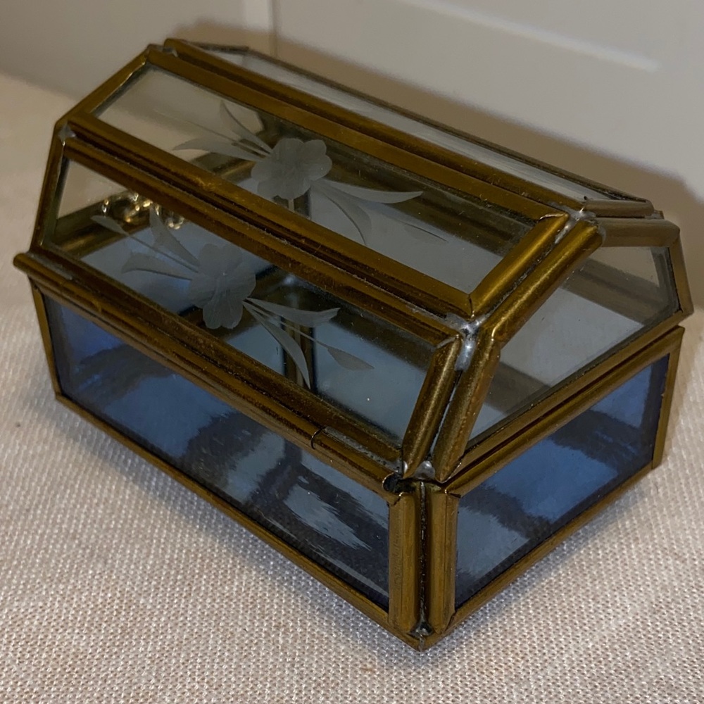 Vintage Via Vermont trinket box floral etched blue glass mini treasure chest box